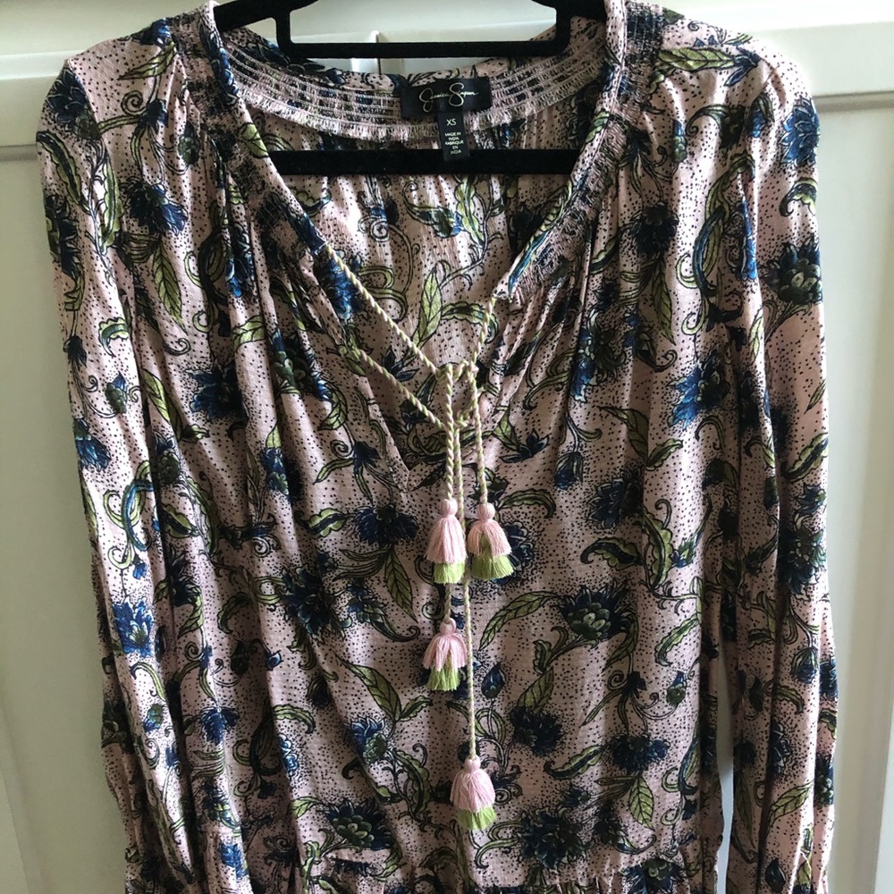 EUC Jessica Simpson pink boho blouse tassels XS